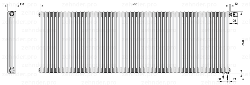 Схема (чертеж) Радиатор Zehnder Charleston 3150/49 №V002 Белый глянцевый RAL 9016